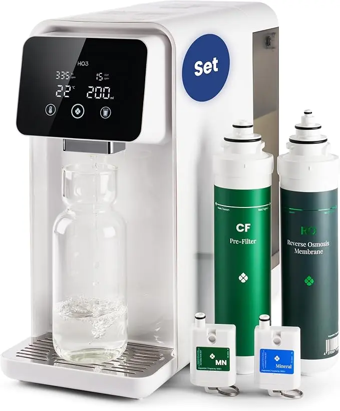 nachhaltige Auftisch-Osmoseanlagen im Vergleich: Die HO3 Home One mit 8 Filterstufen und Glaskaraffe.