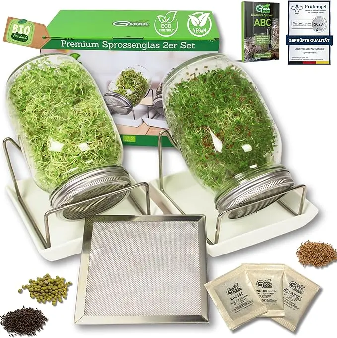 nachhaltige Keimgeräte im Test: Das 2er Set Sprossengläser von Green SEEDS mit Keramikschale und Edelstahlgitter.
