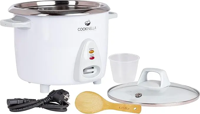 Kompakter KeMar Reiskocher mit unbeschichtetem Edelstahl-Innentopf für gesundes Backen und Garen.