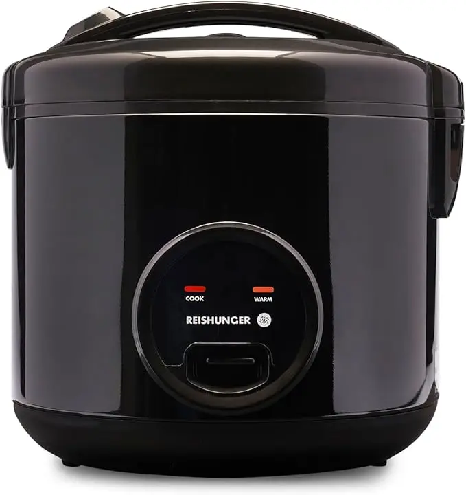 Klassischer Reishunger Reiskocher in Schwarz mit hochwertiger Keramikbeschichtung und 1,8 L Volumen.
