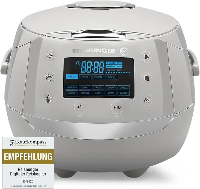 Digitaler Reiskocher von Reishunger mit 1,5 L Volumen und schadstofffreiem Keramik-Innentopf im Test.