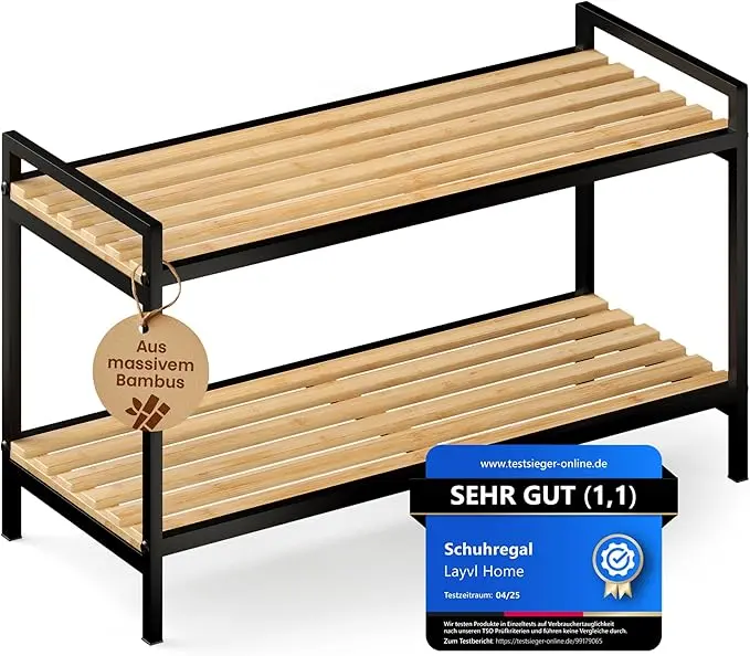 Modernes LAYVL HOME Schuhregal aus Metall und Bambus im Test für nachhaltige Schuhregale.