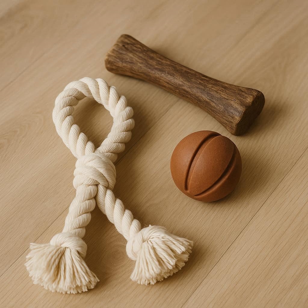 Verschiedenes nachhaltiges Hundespielzeug aus Baumwolle und Holz.