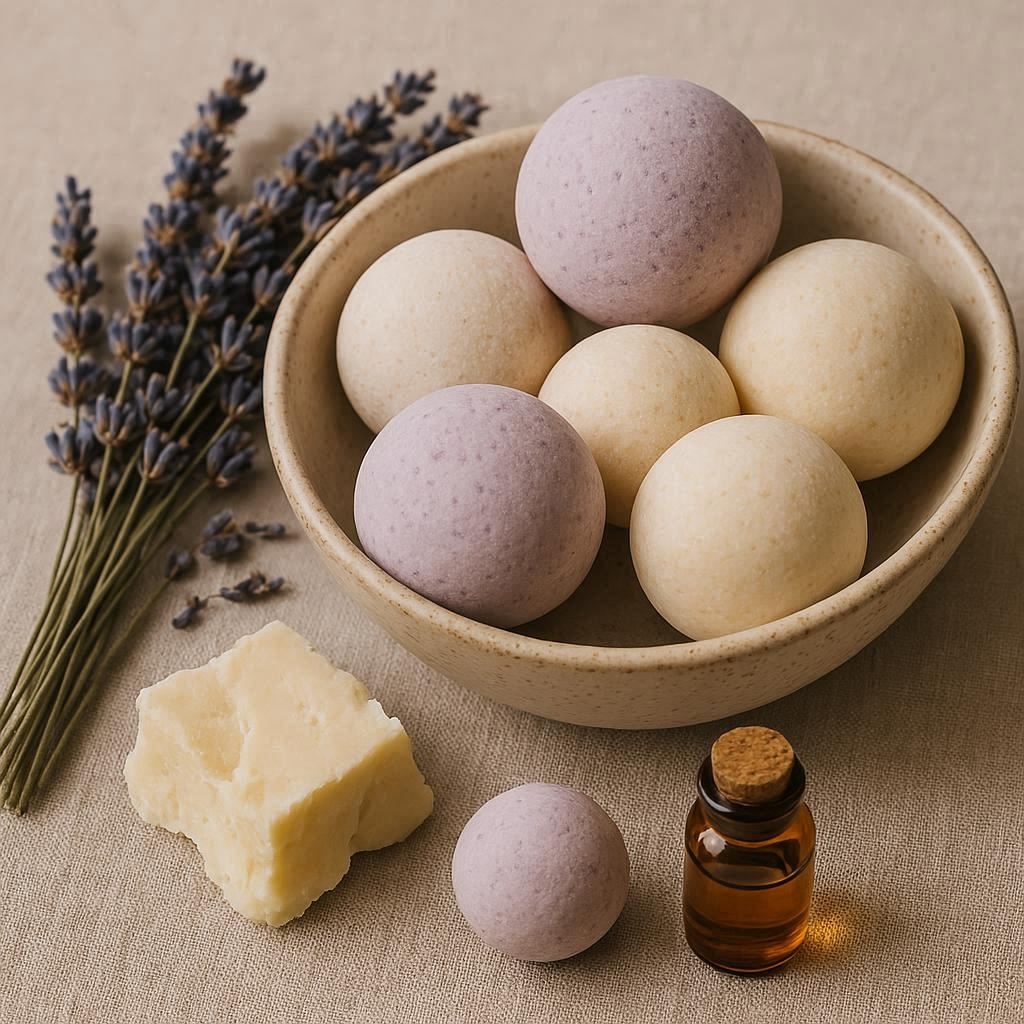 Handgemachte DIY Badekugeln mit Lavendel als Anleitung zum Badekugeln selber machen.