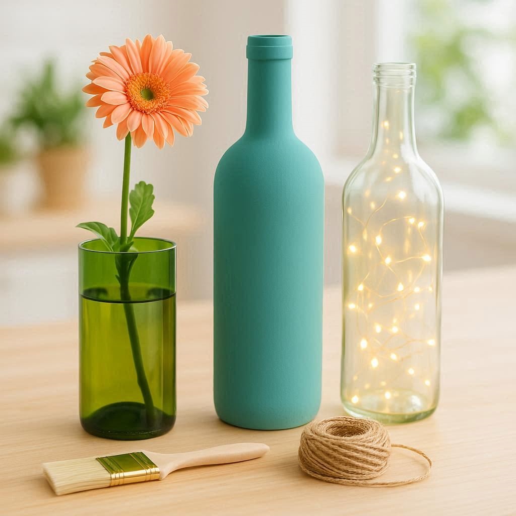 Verschiedene Ideen für Glasflaschen Upcycling auf einem Basteltisch.