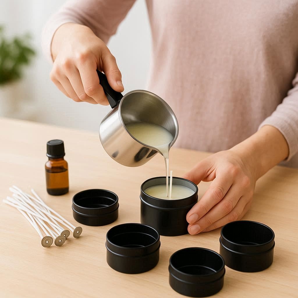 Eine Anleitung zum Kerzen selber machen: Wachs wird in ein Glas gegossen.