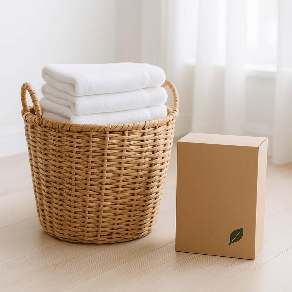 Ein Korb mit Wäsche neben einer Packung Bio Waschmittel.