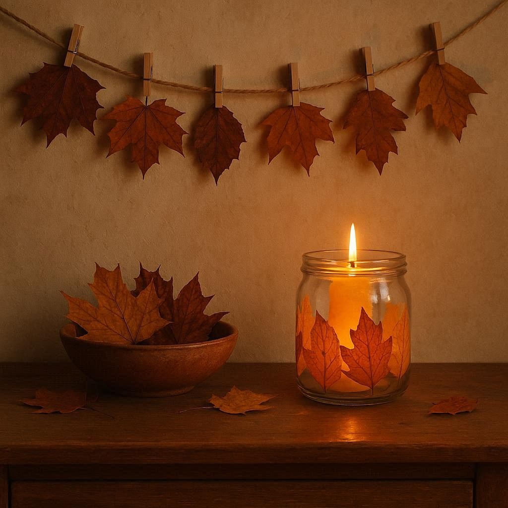 Fertige, selbstgemachte nachhaltige Herbstdeko auf einem Sideboard.