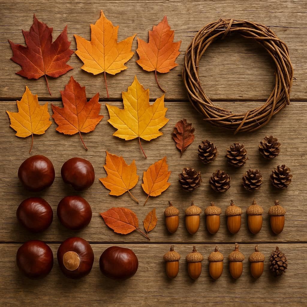 Verschiedene Naturmaterialien zum Basteln für nachhaltige Herbstdeko.