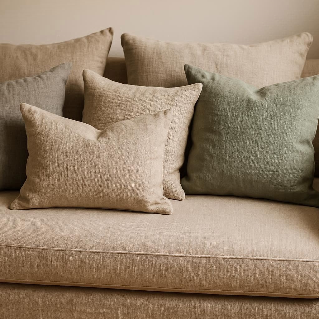 Mehrere nachhaltige Kissen aus Leinen und Bio-Baumwolle auf einem Sofa.