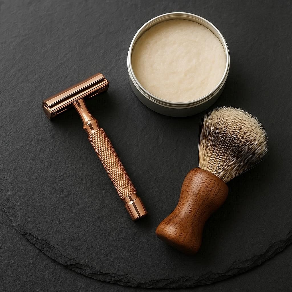 Ein Set für die Nassrasur mit nachhaltige Rasierer aus Metall.