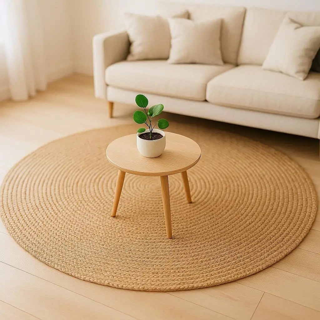 Ein heller Wohnraum mit einem großen, nachhaltige Teppiche aus Jute.