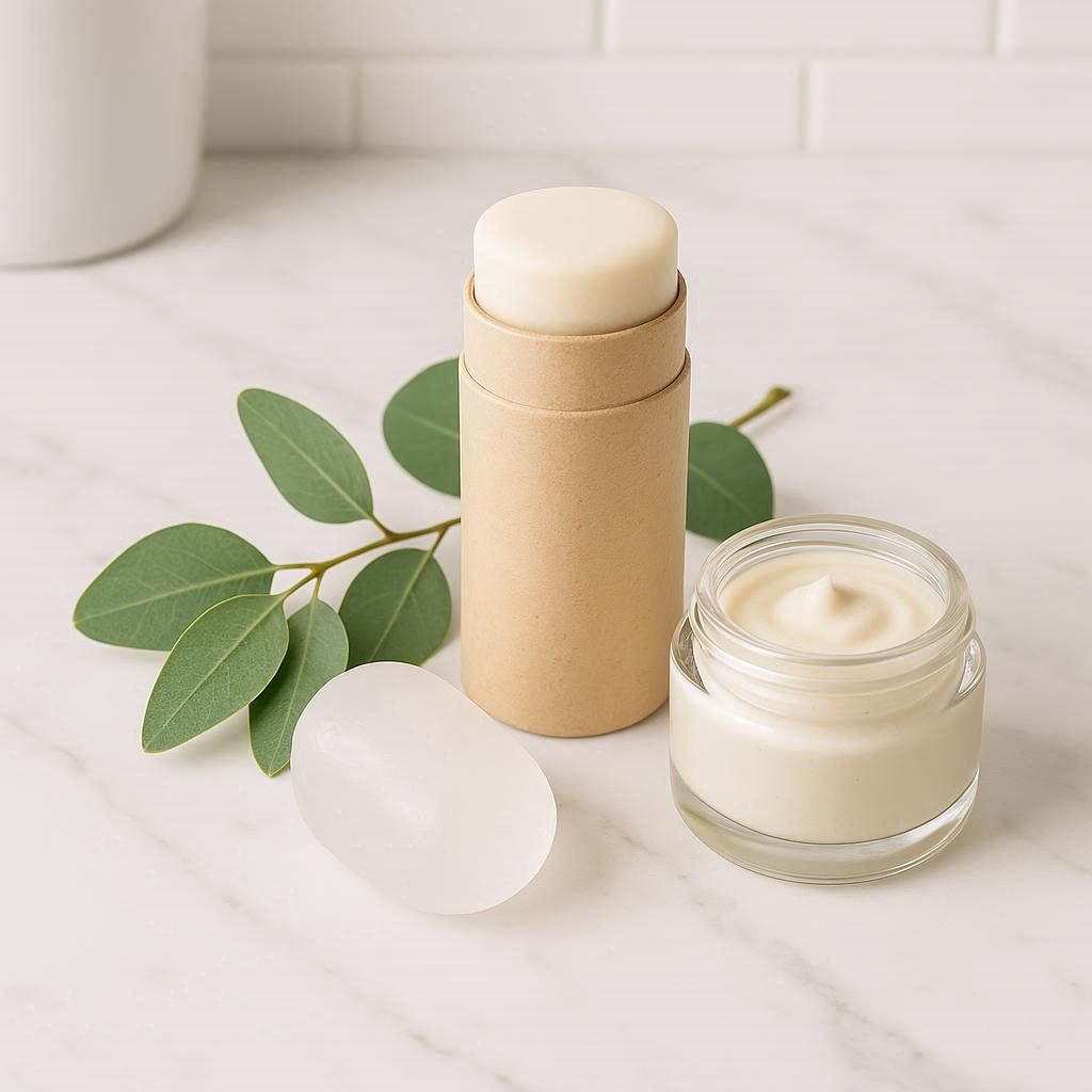 Verschiedene Arten von nachhaltiges Deo auf einem Tisch.