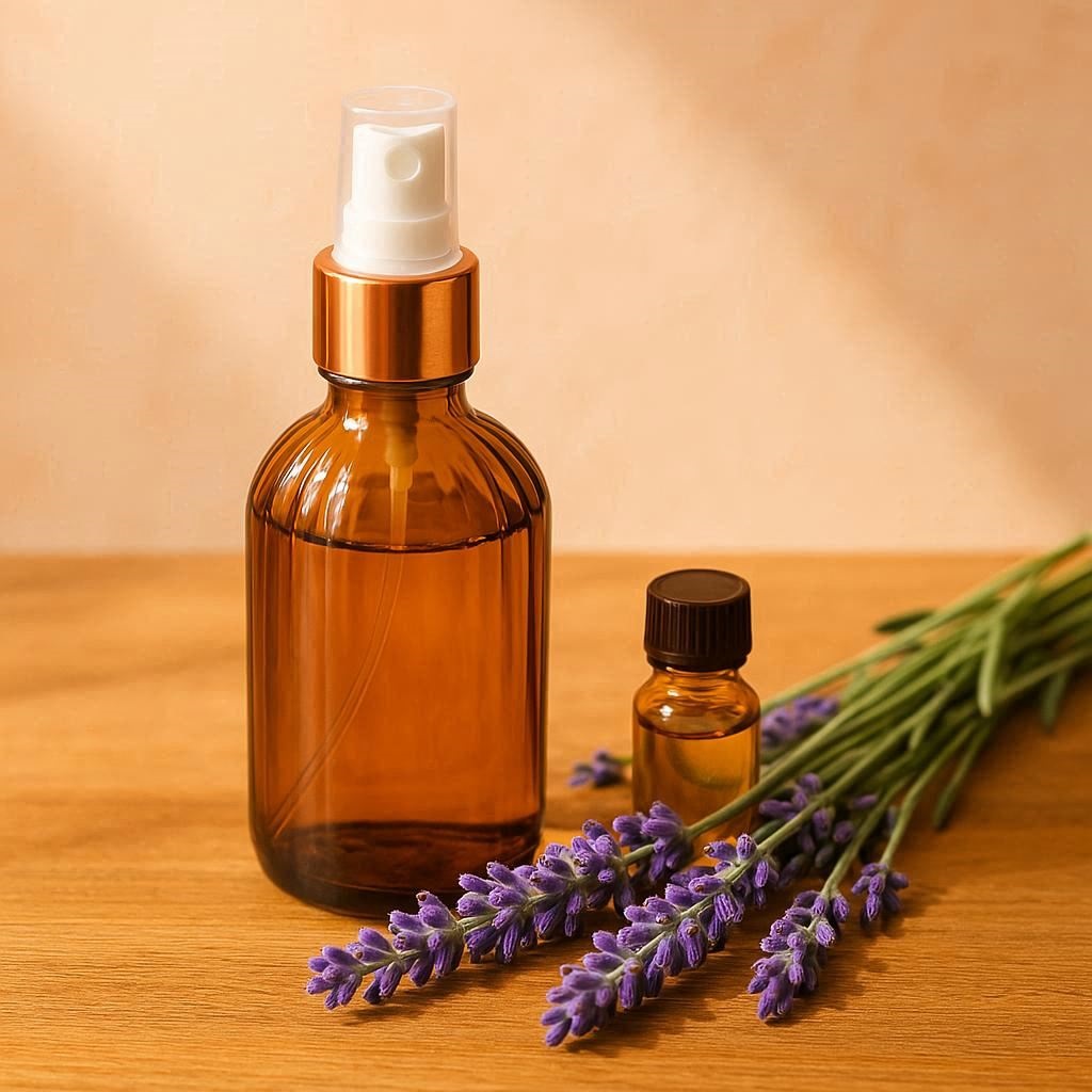 Zutaten, um nachhaltiges Raumspray selber machen zu können, auf einem Tisch.