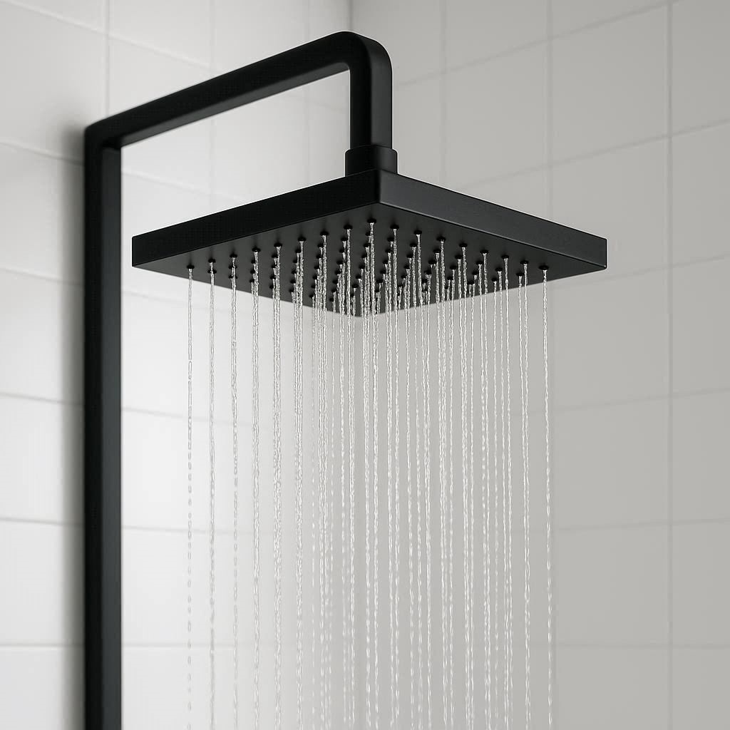 Ein moderner Spar-Duschkopf in einem hellen Badezimmer.