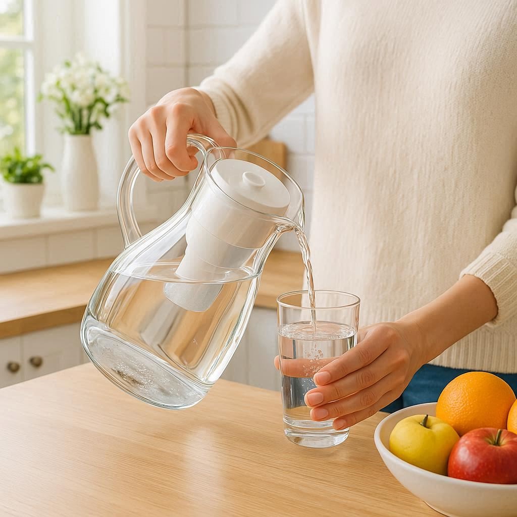 Eine Person füllt ein Glas mit gefiltertem Trinkwasser aus einem Wasserfilter für Zuhause.