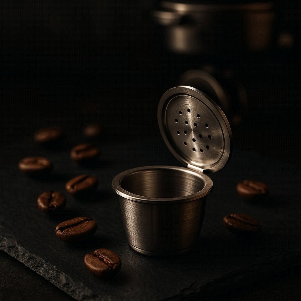 Wiederverwendbare Kaffeekapseln aus Edelstahl neben Kaffeebohnen.