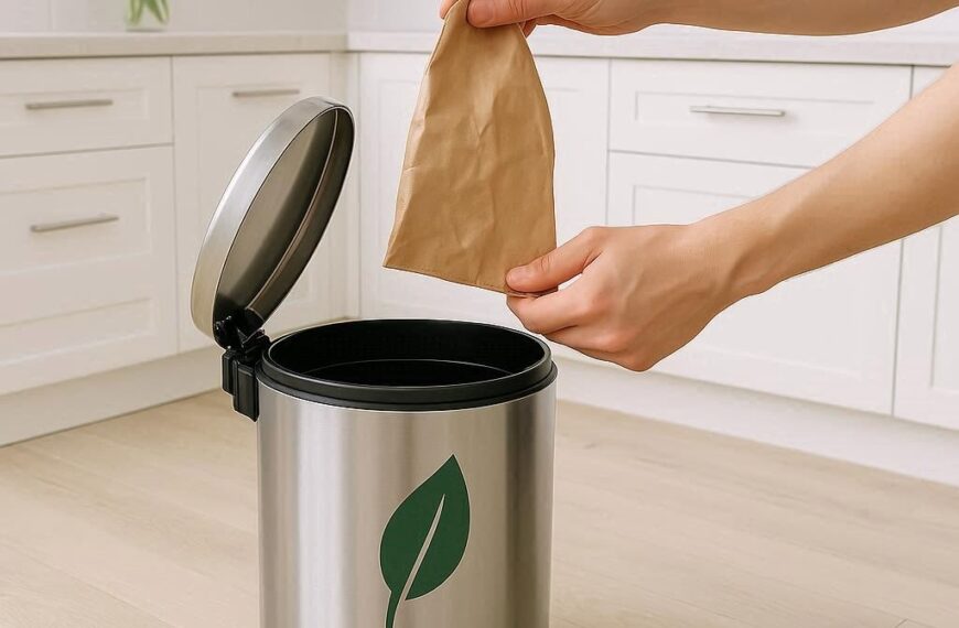 Eine Person benutzt nachhaltige Müllbeutel aus Papier in der Küche.