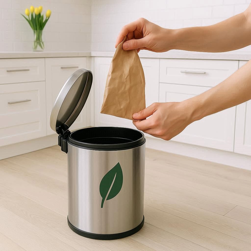 Eine Person benutzt nachhaltige Müllbeutel aus Papier in der Küche.