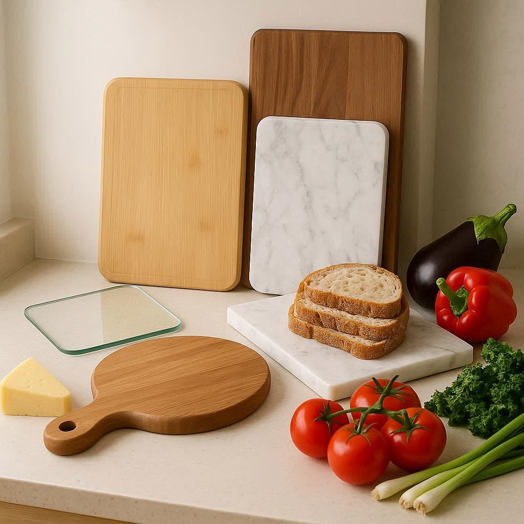 ein nachhaltiges schneidebrett aus holz, glas, bambus und marmor