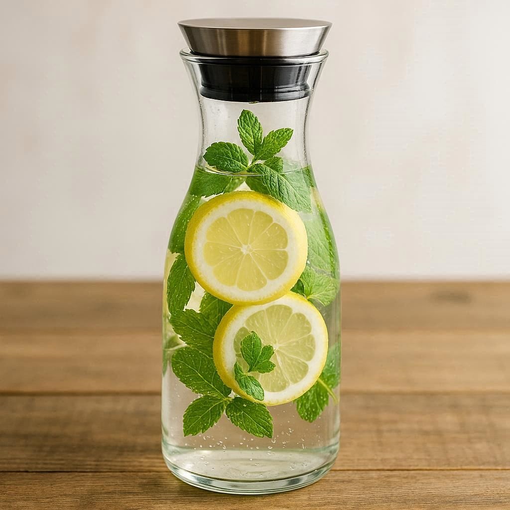 Nachhaltige Karaffen im Vergleich: Elegante Modelle aus Borosilikatglas mit Edelstahl-Filter für Infused Water.