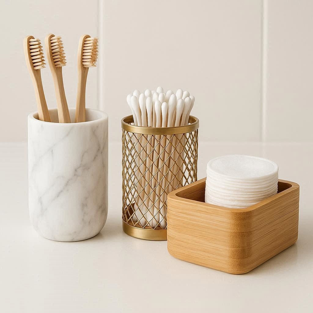 Nachhaltige Kosmetik-Organizer im Vergleich: Die besten Halterungen aus Keramik, Bambus und recycelbarem Messing für Wattepads und Zahnbürsten.
