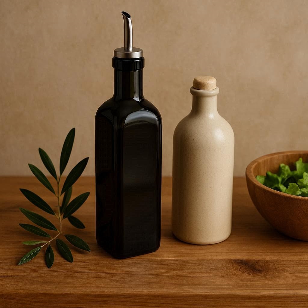 Nachhaltige Ölflaschen im Vergleich: Die besten UV-geschützten Dosierer aus dunklem Glas und Keramik für Olivenöl.