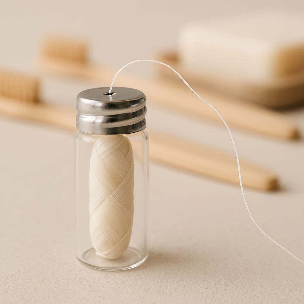 Nachhaltige Zahnseide in nachfüllbaren Glasbehältern – Die besten plastikfreien Fäden für eine gesunde Mundhygiene.