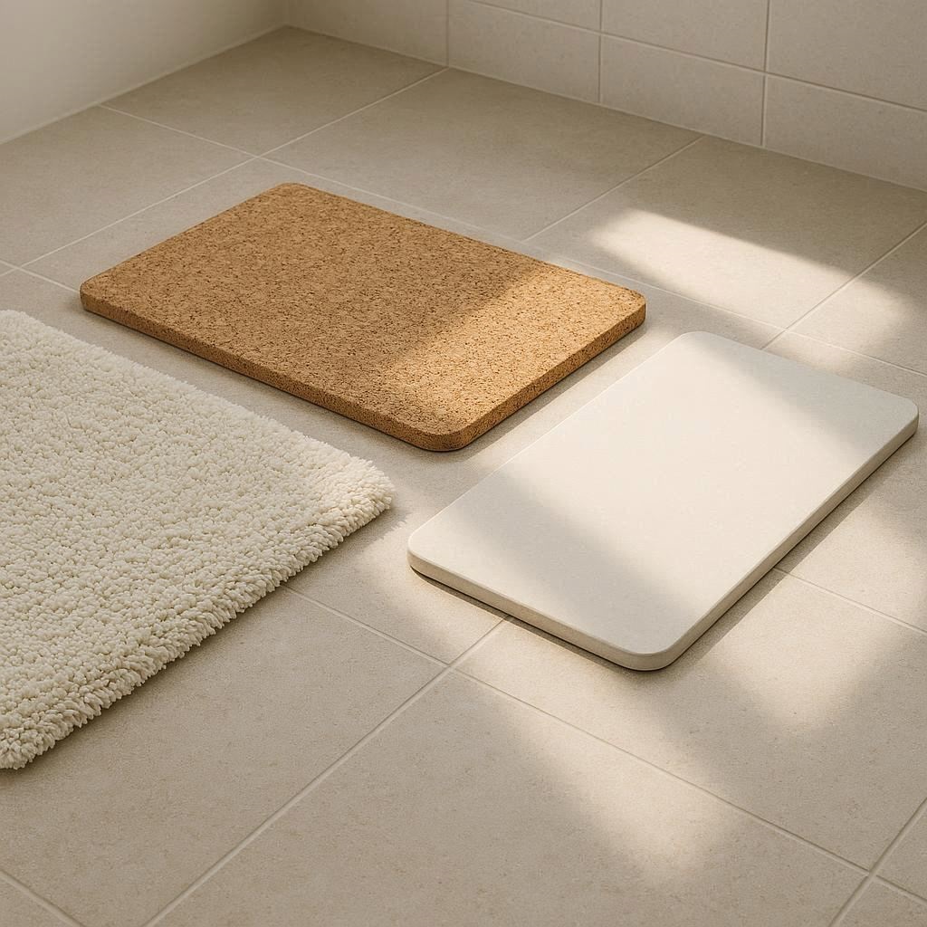 Nachhaltige Badematten im Vergleich: 5 schadstofffreie Modelle aus Bio-Baumwolle, Kork und Kieselgur.