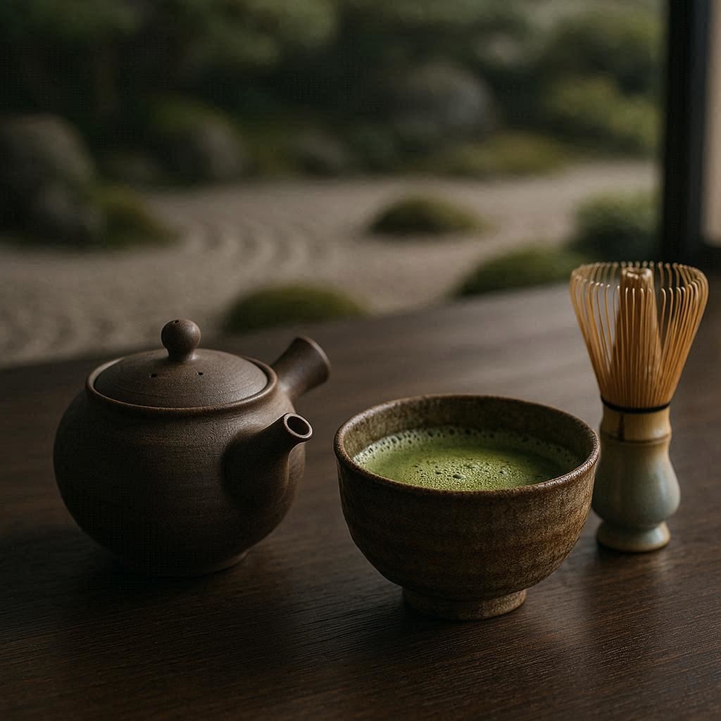 Japanisches Tee-Zubehör im Vergleich: Handgefertigte Kyusu-Teekanne und ein professionelles Matcha-Set aus Keramik und Bambus.
