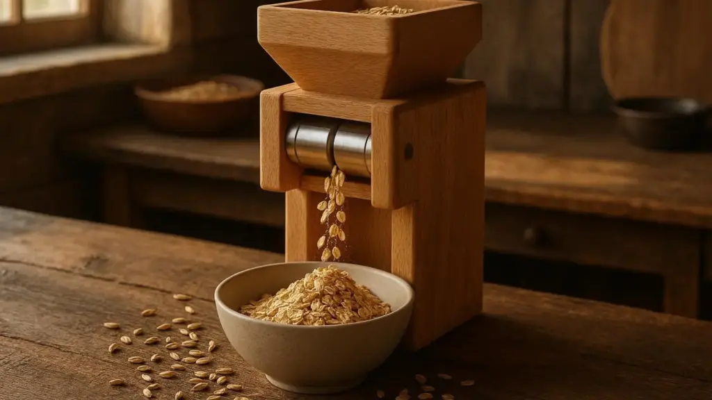 Nachhaltige Getreidequetschen im Vergleich: Eine handwerklich gefertigte Flockenquetsche aus Massivholz für frische Bio-Flocken.