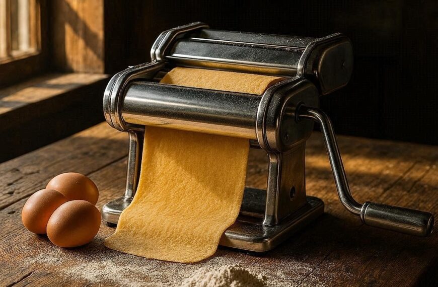 Nachhaltige Nudelmaschinen im Vergleich: Eine manuelle Teigmaschine aus Edelstahl bei der Zubereitung frischer Bio-Pasta.