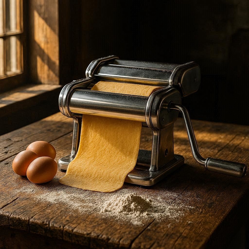 Nachhaltige Nudelmaschinen im Vergleich: Eine manuelle Teigmaschine aus Edelstahl bei der Zubereitung frischer Bio-Pasta.