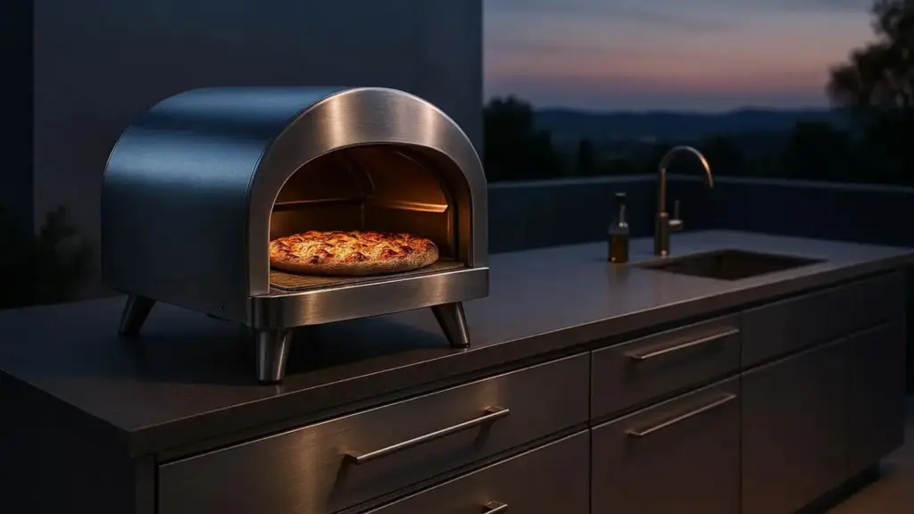 Nachhaltige Pizzaöfen im Vergleich: Ein professioneller Edelstahl-Pizzaofen mit Cordierit-Steinplatte für gesundes Backen.