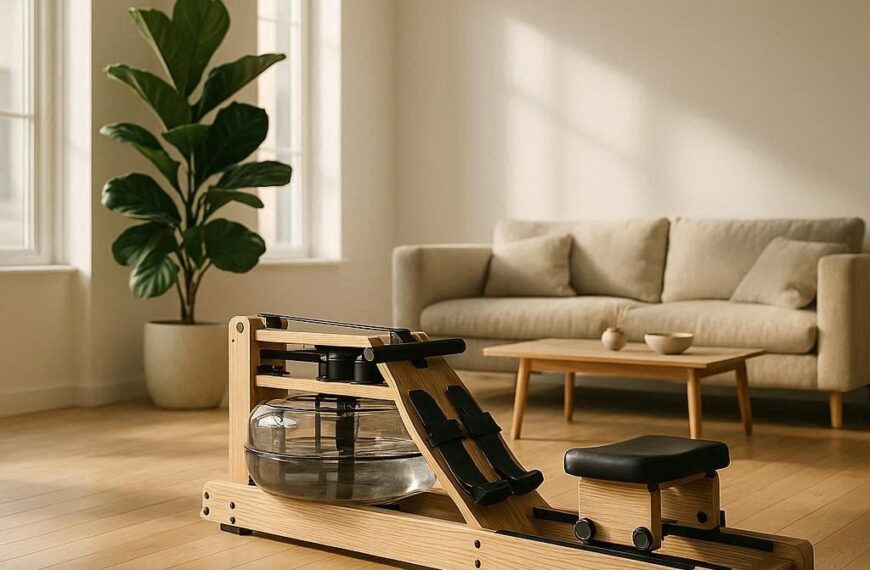 Nachhaltige Rudergeräte im Vergleich: Ein hochwertiges Wasser-Rudergerät aus massivem Eschenholz in einem modern eingerichteten Wohnzimmer.