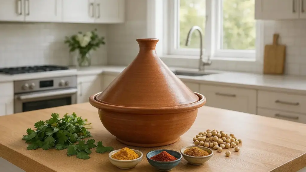 Nachhaltige Tajines im Vergleich: Ein handgefertigter Schongartopf aus Keramik in einer hellen, modernen Küche beim gesundem Backen.