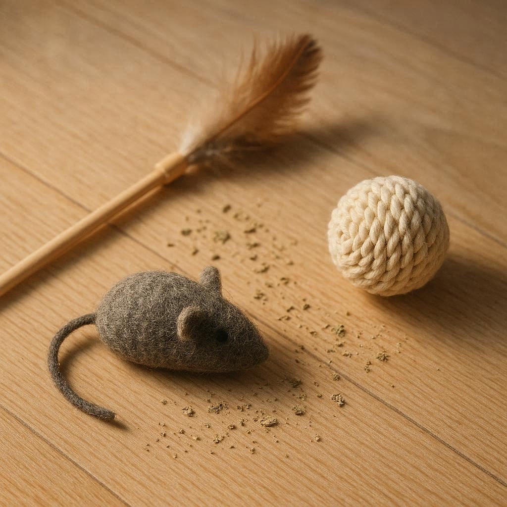 Nachhaltiges Katzenspielzeug im Vergleich: 5 Modelle aus Wolle, Holz und natürlichen Füllungen.