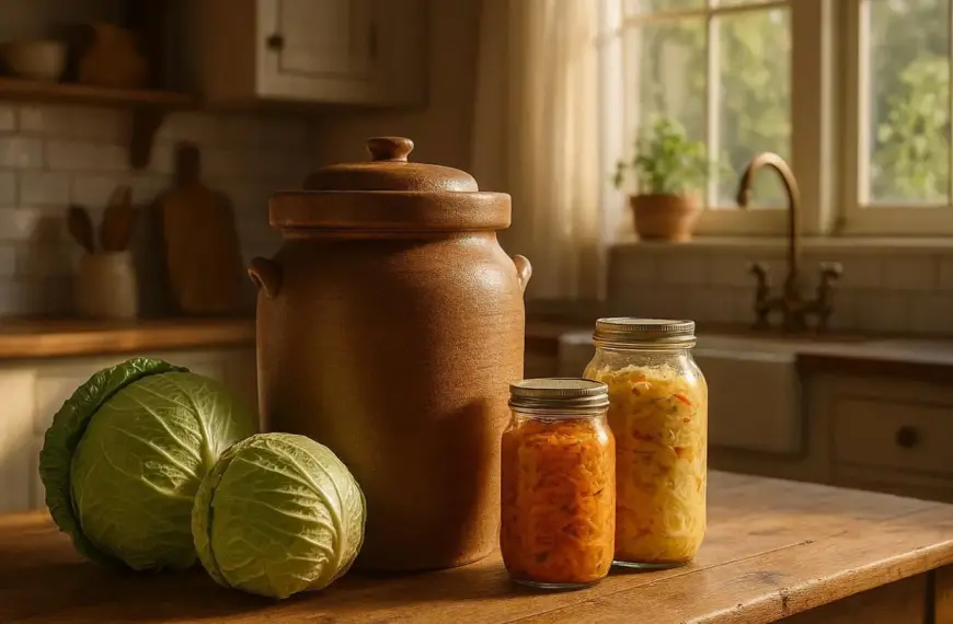 Nachhaltige Gärtöpfe im Vergleich: Ein klassischer Gärtopf Steinzeug für die traditionelle Fermentation ohne Plastik.