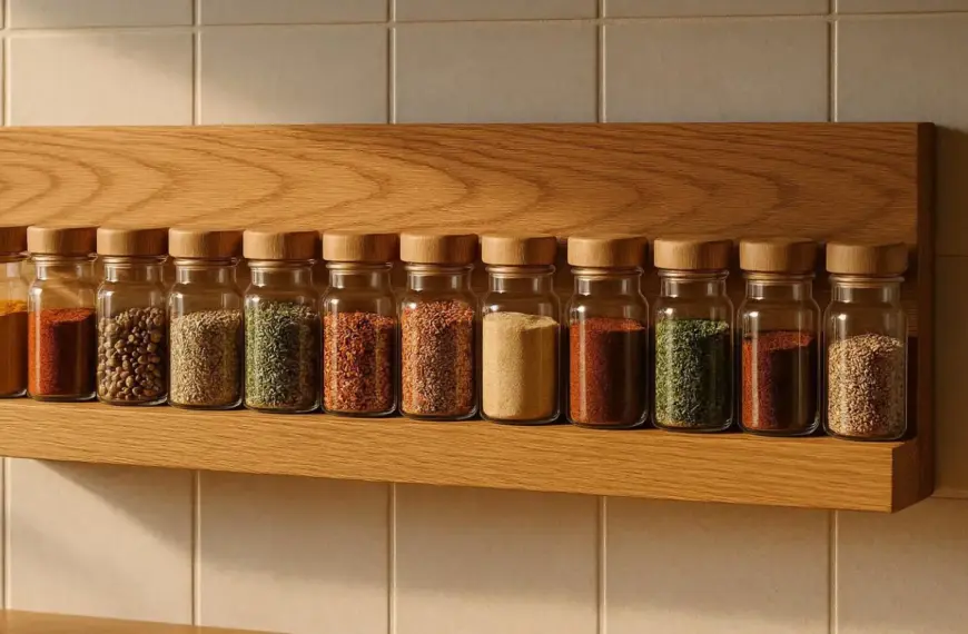 nachhaltige Gewürzregale im Test: Ein minimalistisches Wandregal aus Eichenholz mit Glasdosen für eine plastikfreie Küche.