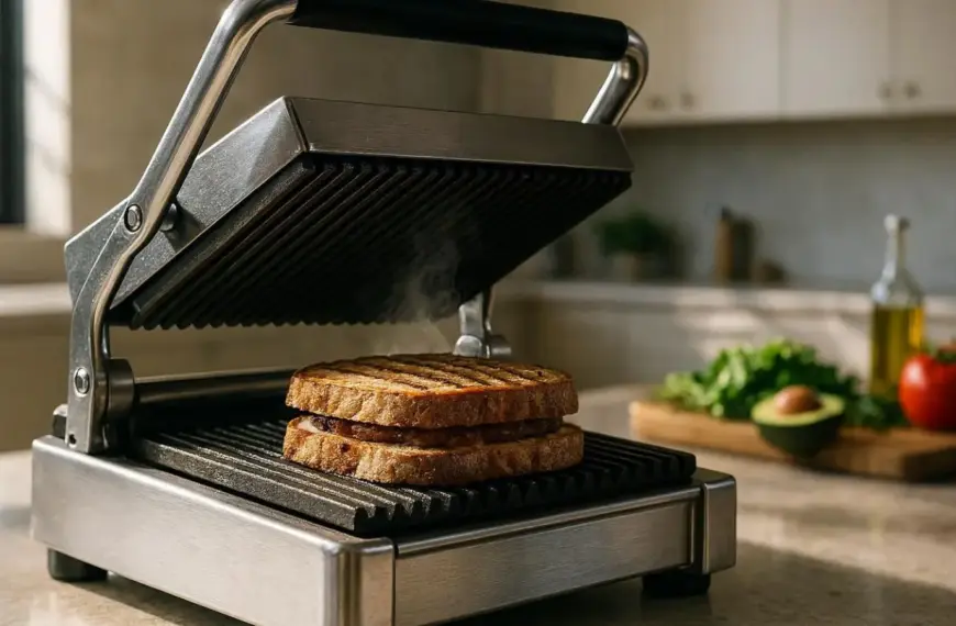 nachhaltige Kontaktgrills im Vergleich: Ein professionelles Modell aus Edelstahl und Gusseisen für gesundes Grillen ohne Beschichtung.