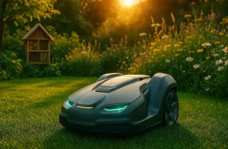 Nachhaltige Mähroboter im Vergleich: Ein modernes Modell mit Sensoren für Tierschutz und effiziente Rasenpflege.