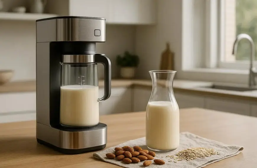 Nachhaltige Nussmilchbereiter im Test: Ein hochwertiges Gerät aus Edelstahl bereitet frische Pflanzenmilch ohne Plastik-Kontakt zu.