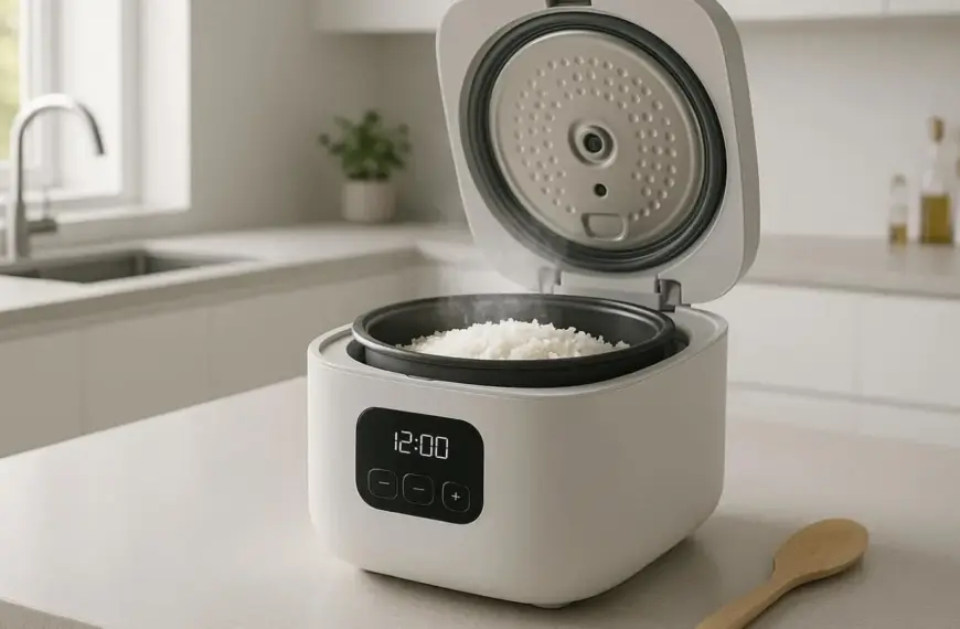 Nachhaltige Reiskocher im Vergleich: Ein modernes Elektro-Modell mit einem schadstofffreien Keramik-Innentopf für die schadstofffreie Küche.