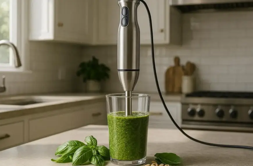 nachhaltige Stabmixer im Vergleich: Ein hochwertiges Modell aus Edelstahl bei der Zubereitung gesunder Smoothies.