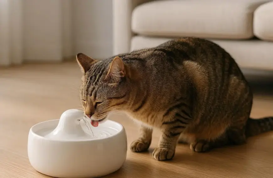 nachhaltige Trinkbrunnen im Vergleich: Eine Katze trinkt aus einem hygienischen und schadstofffreien Keramik-Brunnen.